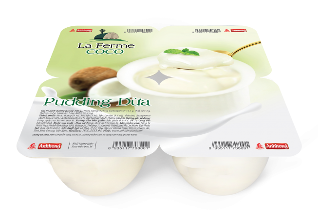 Pudding dừa là sự hòa quyện của các nguyên liệu sữa, bột sữa dừa tự nhiên tạo nên hỗn hợp béo thơm, dậy hương dừa đặc trưng. Sản phẩm sau khi được bảo quản lạnh sẽ có độ đặc mịn, mềm tan và mang lại cảm giác thanh mát khi thưởng thức.