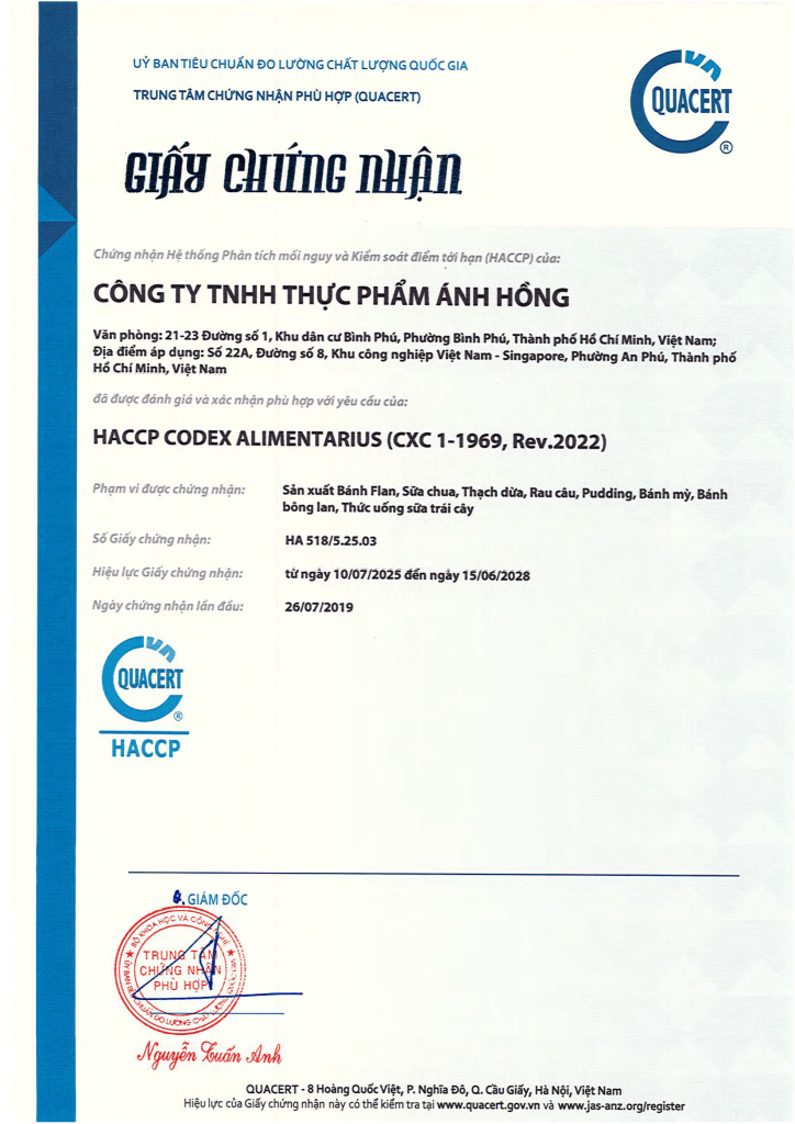Bánh Flan Ánh Hồng đạt chuẩn HACCP CODEX ALIMENTARIUS (CXC 1-1969, Rev.2022), 