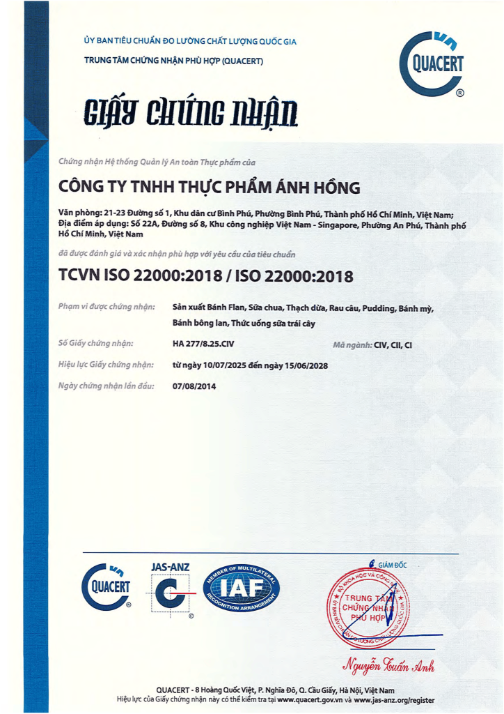Bánh Flan đạt chuẩn an toàn thực phẩm TCVN ISO 22000:2018 