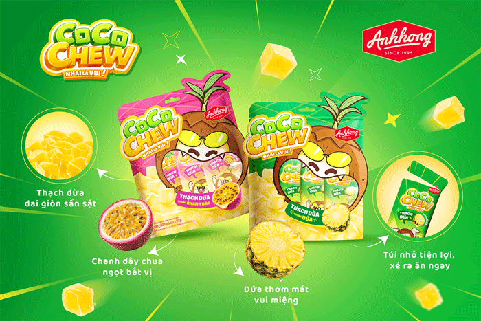 Các túi thạch dừa CocoChew vị Chanh dây và Dứa với bao bì nhân vật hoạt hình vui nhộn.