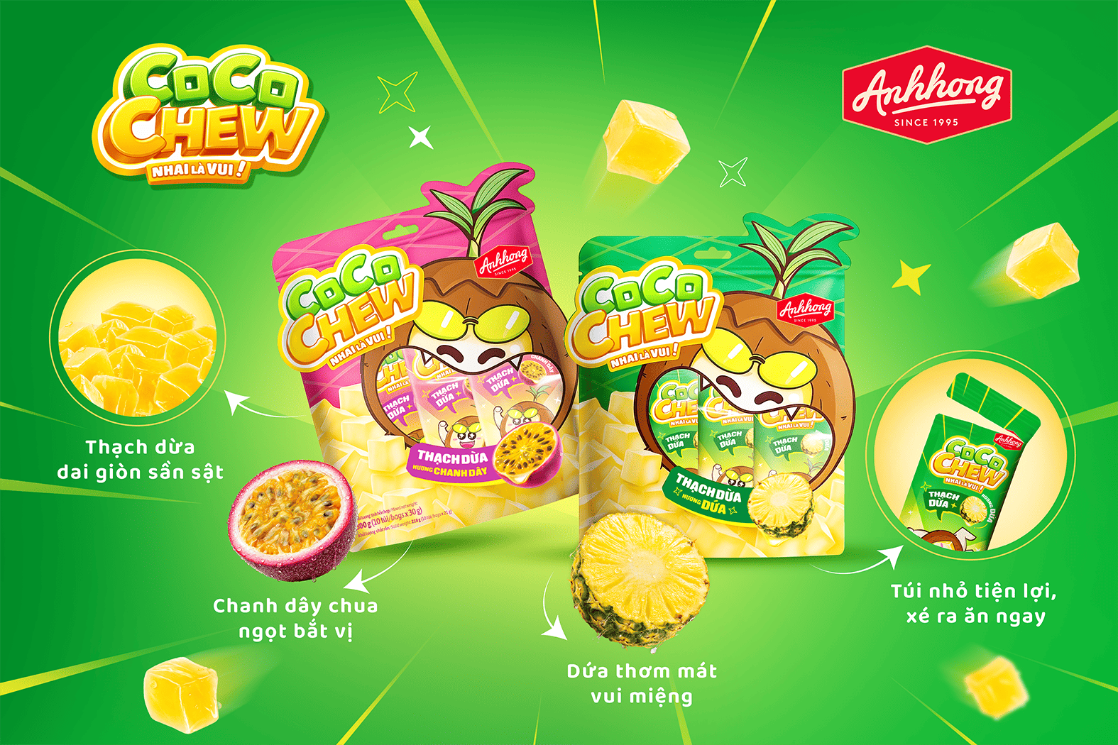 Các túi thạch dừa CocoChew vị Chanh dây và Dứa với bao bì nhân vật hoạt hình vui nhộn.